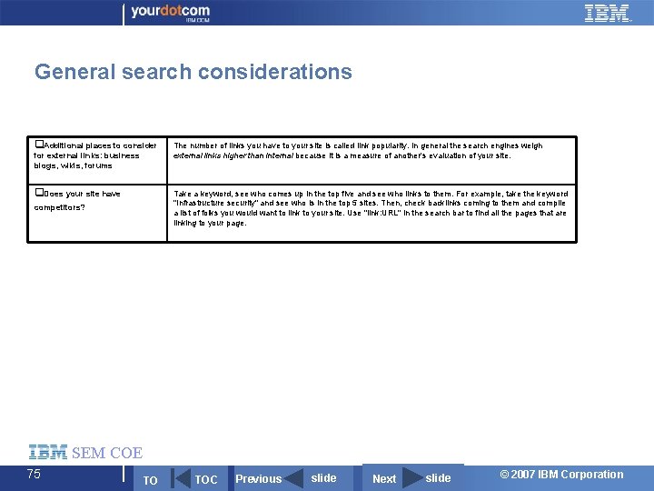 General search considerations q. Additional places to consider for external links: business blogs, wikis,