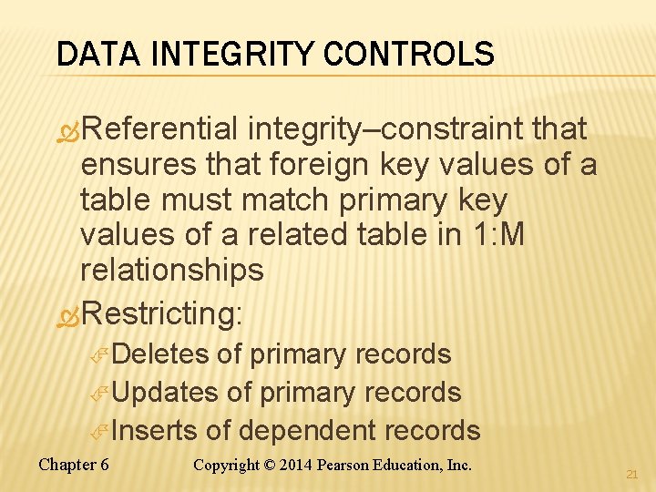 DATA INTEGRITY CONTROLS Referential integrity–constraint that ensures that foreign key values of a table