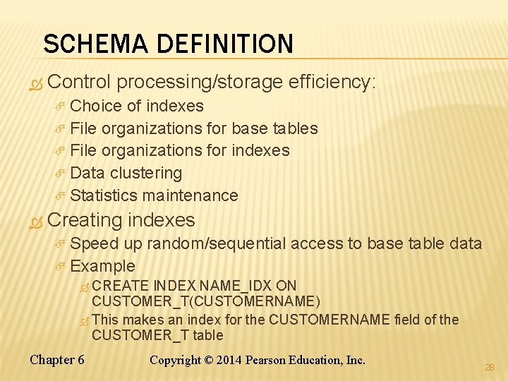 SCHEMA DEFINITION Control processing/storage efficiency: Choice of indexes File organizations for base tables File