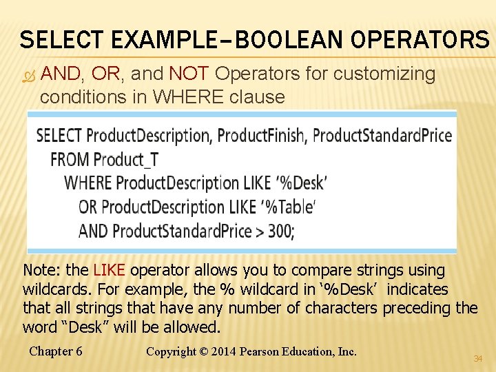 SELECT EXAMPLE–BOOLEAN OPERATORS AND, AND OR, OR and NOT Operators for customizing conditions in