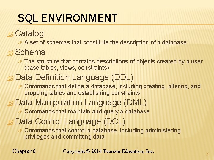 SQL ENVIRONMENT Catalog Schema Commands that define a database, including creating, altering, and dropping