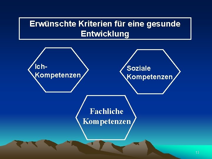 Erwünschte Kriterien für eine gesunde Entwicklung Ich. Kompetenzen Soziale Kompetenzen Fachliche Kompetenzen 13 