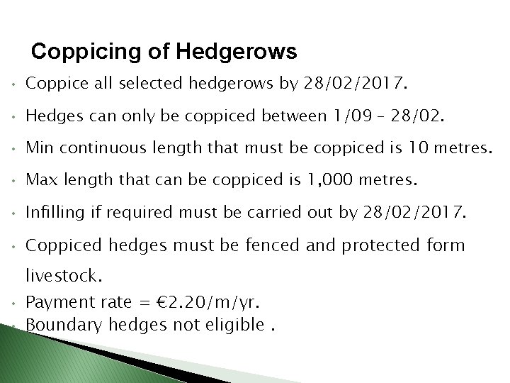 Coppicing of Hedgerows • Coppice all selected hedgerows by 28/02/2017. • Hedges can only