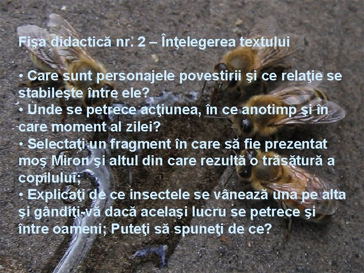 Fişa didactică nr. 2 – Înţelegerea textului • Care sunt personajele povestirii şi ce