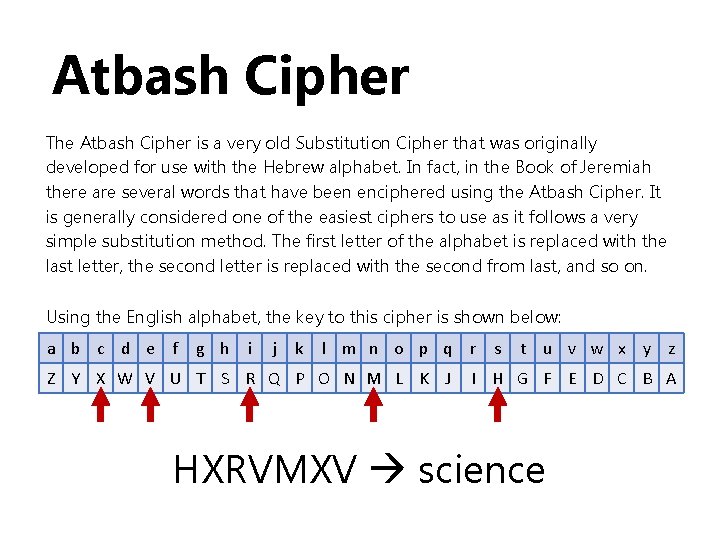 Atbash Cipher The Atbash Cipher is a very old Substitution Cipher that was originally Atbash Cipher The Atbash Cipher is a very old Substitution Cipher that was originally