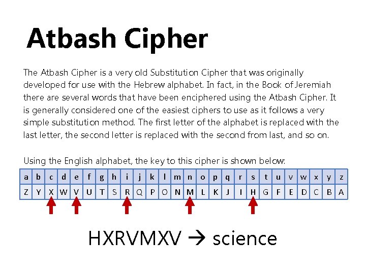 Atbash Cipher The Atbash Cipher is a very old Substitution Cipher that was originally