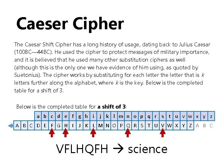 Caeser Cipher The Caesar Shift Cipher has a long history of usage, dating back Caeser Cipher The Caesar Shift Cipher has a long history of usage, dating back