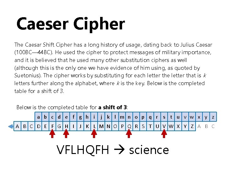 Caeser Cipher The Caesar Shift Cipher has a long history of usage, dating back