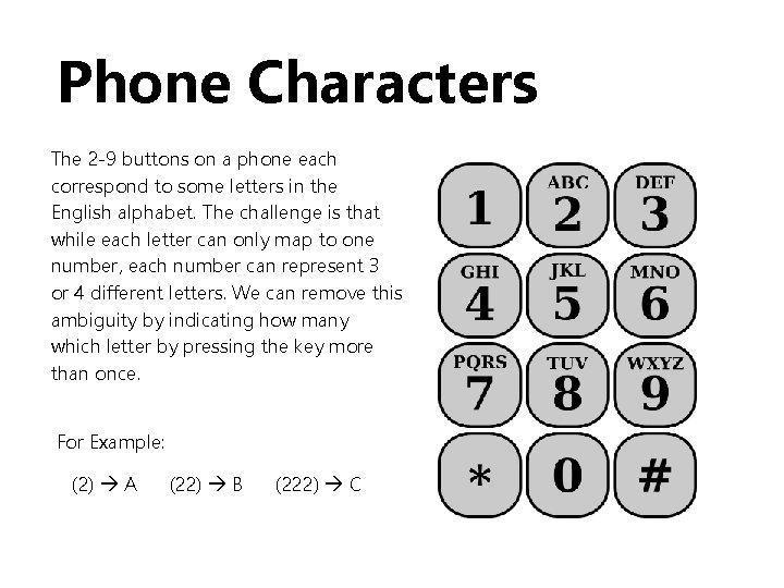 Phone Characters The 2 -9 buttons on a phone each correspond to some letters