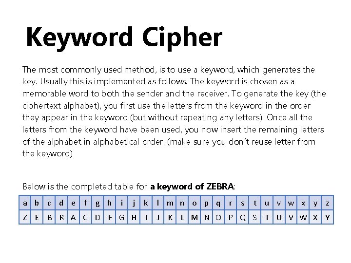 Keyword Cipher The most commonly used method, is to use a keyword, which generates Keyword Cipher The most commonly used method, is to use a keyword, which generates
