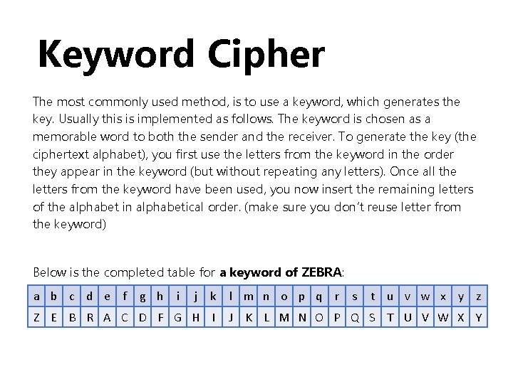 Keyword Cipher The most commonly used method, is to use a keyword, which generates