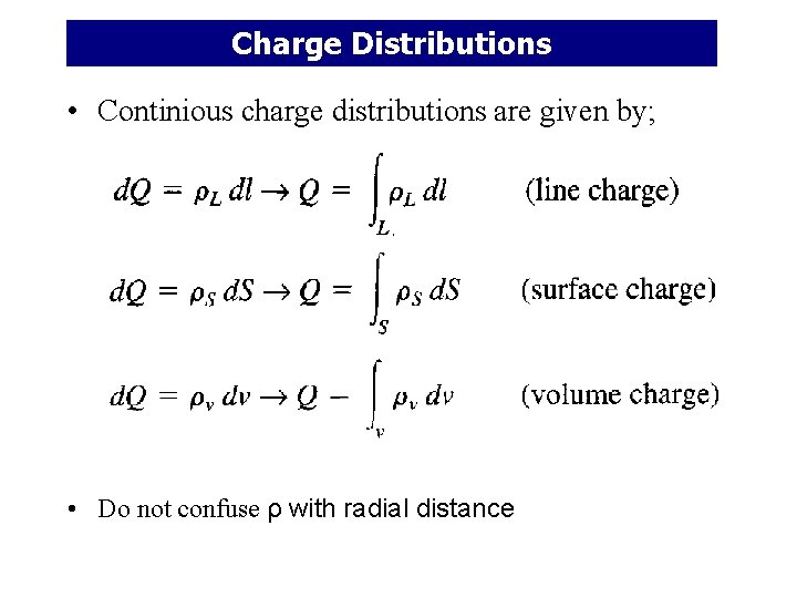 Charge Distributions • Continious charge distributions are given by; • Do not confuse ρ