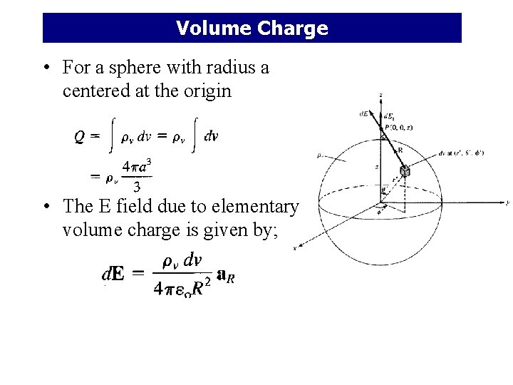 Volume Charge • For a sphere with radius a centered at the origin •