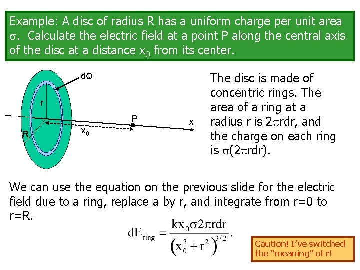 Example: A disc of radius R has a uniform charge per unit area .