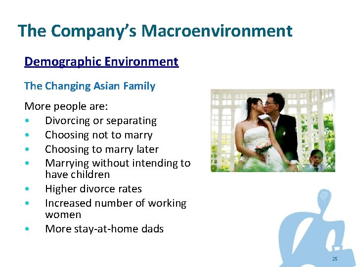 The Company’s Macroenvironment Demographic Environment The Changing Asian Family More people are: • Divorcing