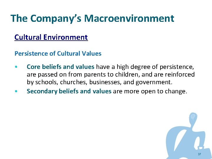 The Company’s Macroenvironment Cultural Environment Persistence of Cultural Values • • Core beliefs and