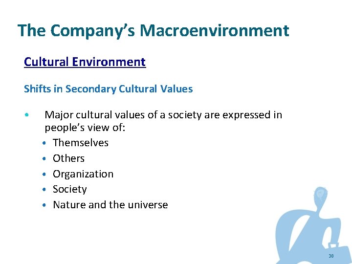 The Company’s Macroenvironment Cultural Environment Shifts in Secondary Cultural Values • Major cultural values