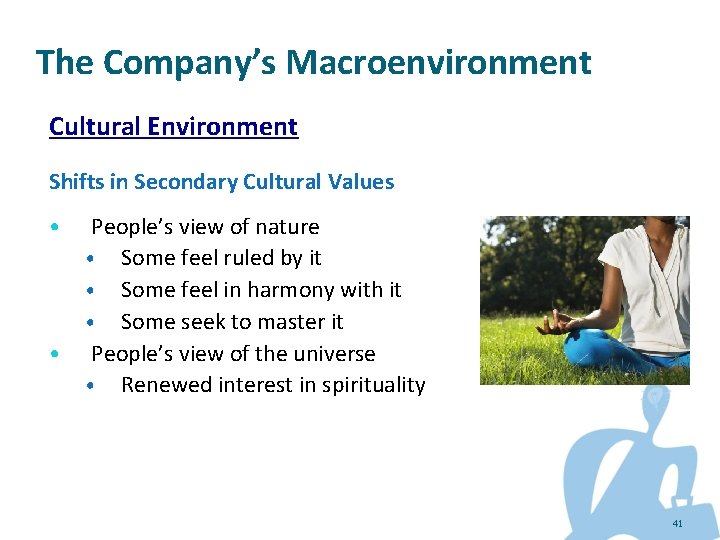 The Company’s Macroenvironment Cultural Environment Shifts in Secondary Cultural Values • • People’s view