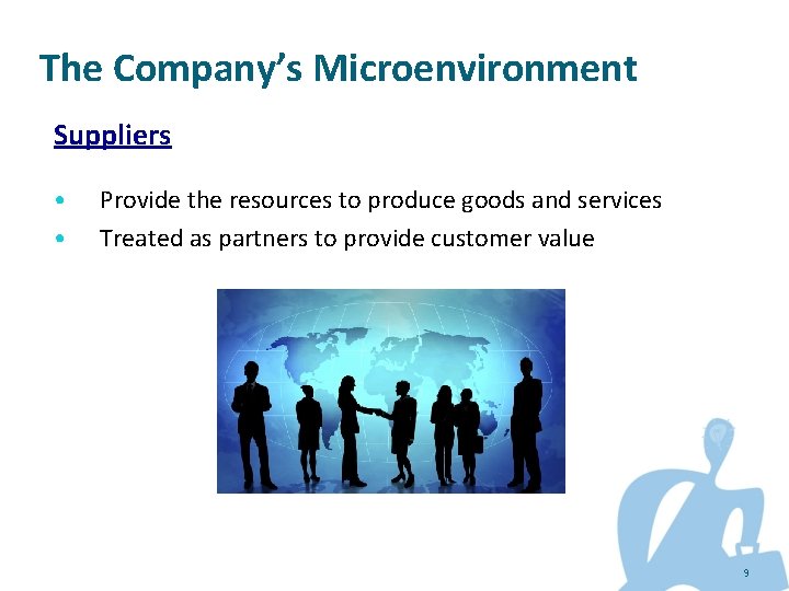 The Company’s Microenvironment Suppliers • • Provide the resources to produce goods and services
