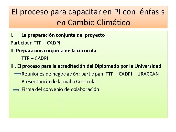 El proceso para capacitar en PI con énfasis en Cambio Climático I. La preparación
