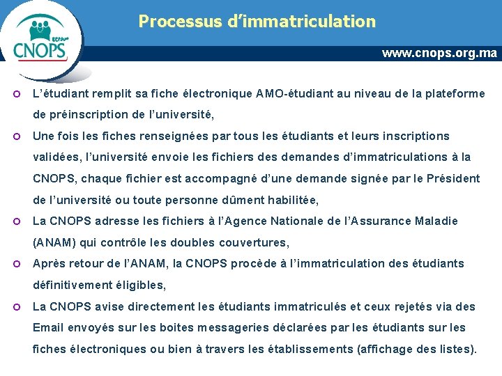 Processus d’immatriculation www. cnops. org. ma ¢ L’étudiant remplit sa fiche électronique AMO-étudiant au