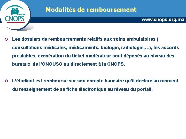 Modalités de remboursement www. cnops. org. ma ¢ Les dossiers de remboursements relatifs aux