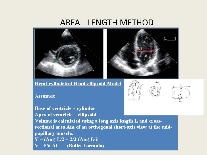  AREA - LENGTH METHOD Hemi-cylindrical Hemi-ellipsoid Model Assumes: Base of ventricle = cylinder