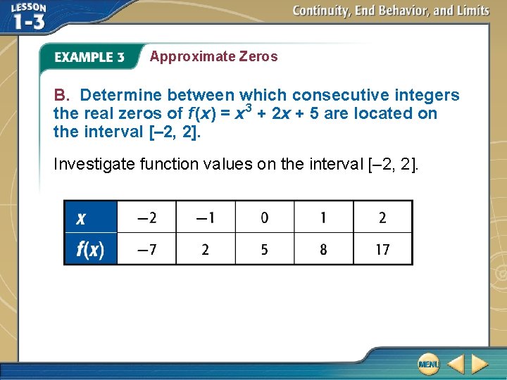 Approximate Zeros B. Determine between which consecutive integers the real zeros of f (x)