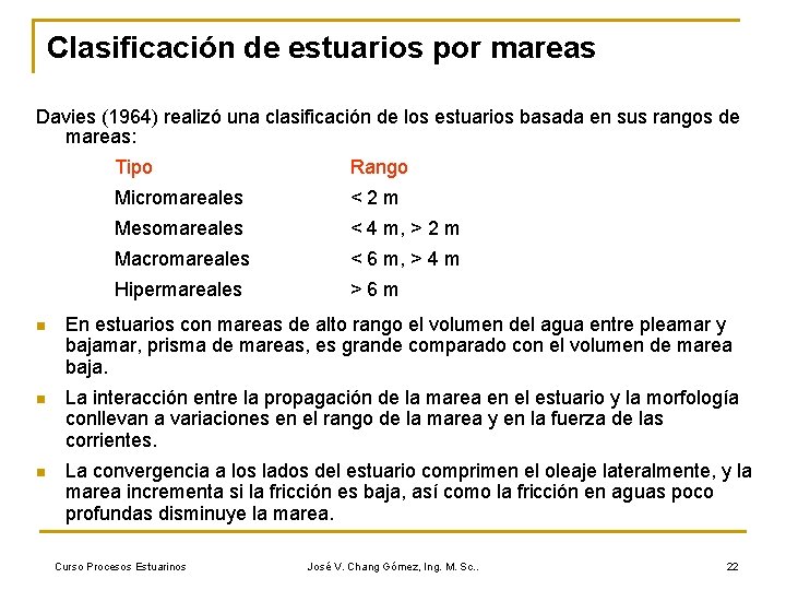 Clasificación de estuarios por mareas Davies (1964) realizó una clasificación de los estuarios basada