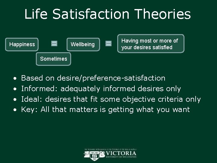 Life Satisfaction Theories Happiness Wellbeing Having most or more of your desires satisfied Sometimes