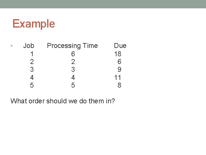 Example • Job 1 2 3 4 5 Processing Time 6 2 3 4