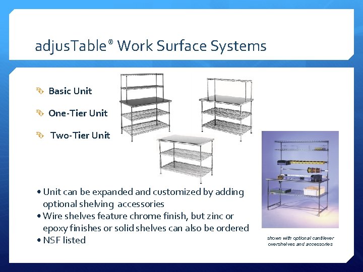 adjus. Table® Work Surface Systems Basic Unit One-Tier Unit Two-Tier Unit • Unit can