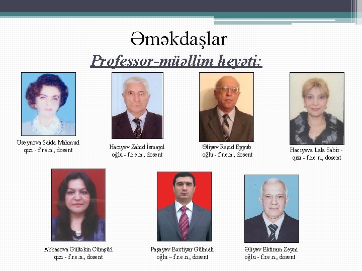 Əməkdaşlar Professor-müəllim heyəti: Useynova Saida Mahmud qızı - f. r. e. n. , dosent