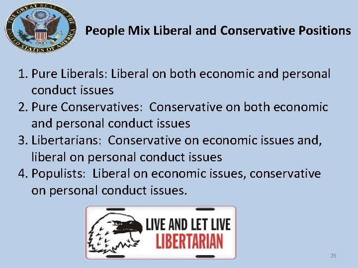 People Mix Liberal and Conservative Positions 1. Pure Liberals: Liberal on both economic and
