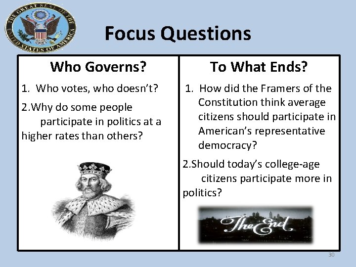 Focus Questions Who Governs? 1. Who votes, who doesn’t? 2. Why do some people