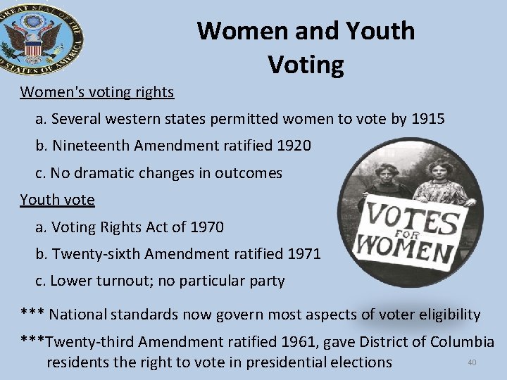 Women and Youth Voting Women's voting rights a. Several western states permitted women to