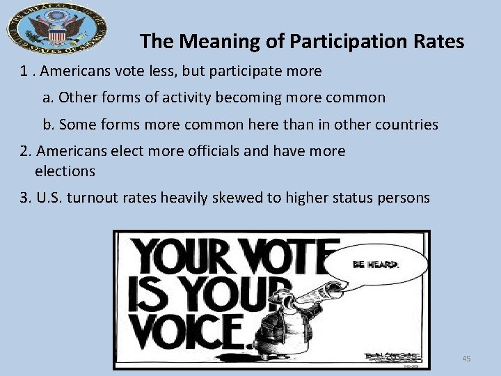 The Meaning of Participation Rates 1. Americans vote less, but participate more a. Other