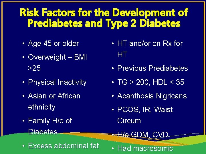 Risk Factors for the Development of Prediabetes and Type 2 Diabetes • Age 45