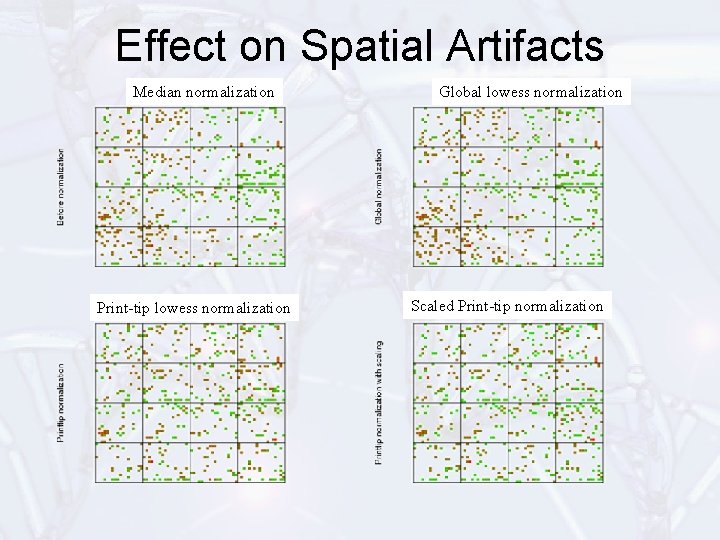 Effect on Spatial Artifacts Median normalization Print-tip lowess normalization Global lowess normalization Scaled Print-tip
