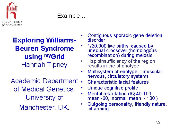 Example… Exploring Williams. Beuren Syndrome using my. Grid Hannah Tipney Academic Department of Medical