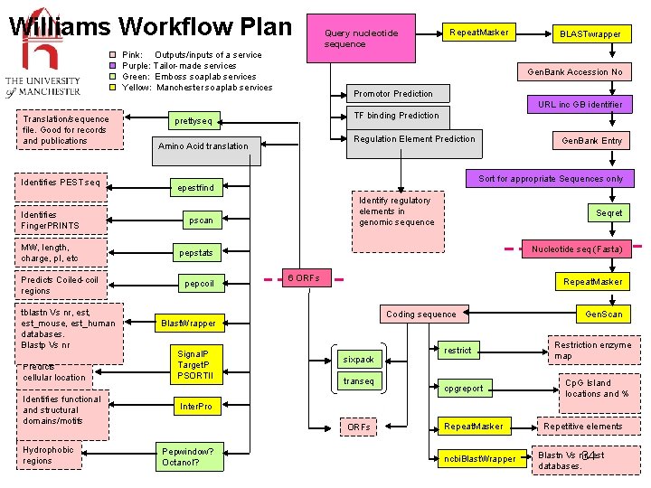 Williams Workflow Plan Pink: Outputs/inputs of a service Purple: Tailor-made services Green: Emboss soaplab