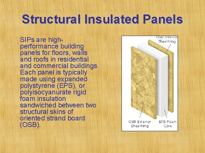 Structural Insulated Panels SIPs are highperformance building panels for floors, walls and roofs in