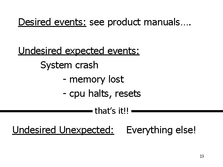 Desired events: see product manuals…. Undesired expected events: System crash - memory lost -