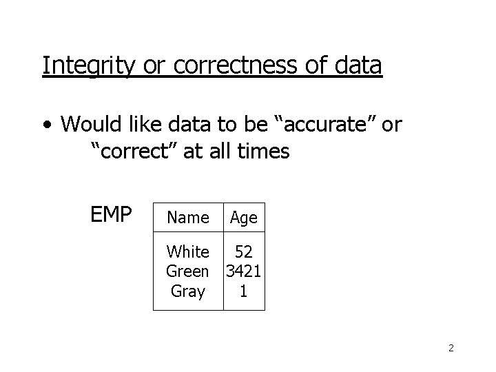 Integrity or correctness of data • Would like data to be “accurate” or “correct”