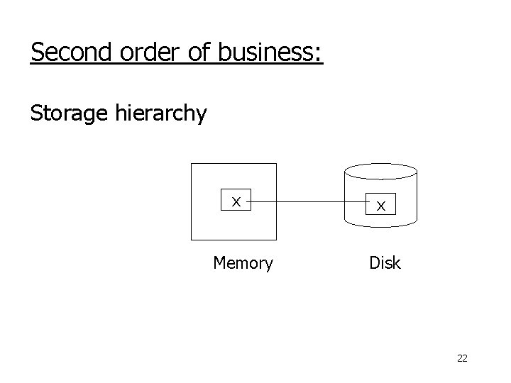 Second order of business: Storage hierarchy x Memory x Disk 22 