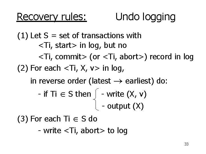 Recovery rules: Undo logging (1) Let S = set of transactions with <Ti, start>