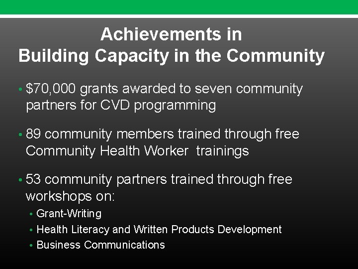 Achievements in Building Capacity in the Community • $70, 000 grants awarded to seven Achievements in Building Capacity in the Community • $70, 000 grants awarded to seven