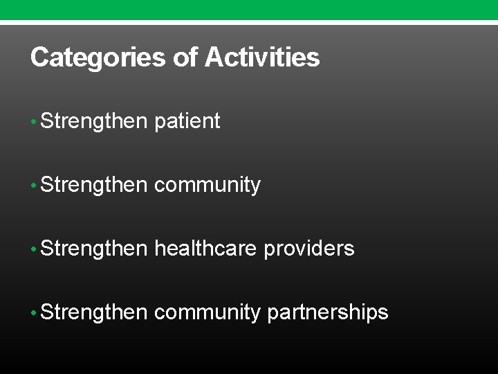 Categories of Activities • Strengthen patient • Strengthen community • Strengthen healthcare providers • Categories of Activities • Strengthen patient • Strengthen community • Strengthen healthcare providers •