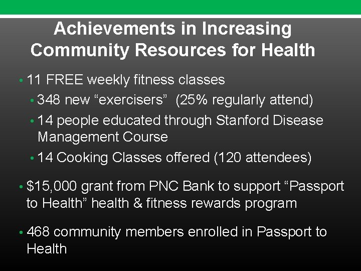 Achievements in Increasing Community Resources for Health • 11 FREE weekly fitness classes • Achievements in Increasing Community Resources for Health • 11 FREE weekly fitness classes •