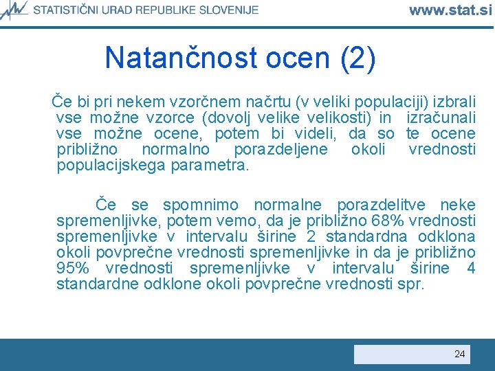 Natančnost ocen (2) Če bi pri nekem vzorčnem načrtu (v veliki populaciji) izbrali vse